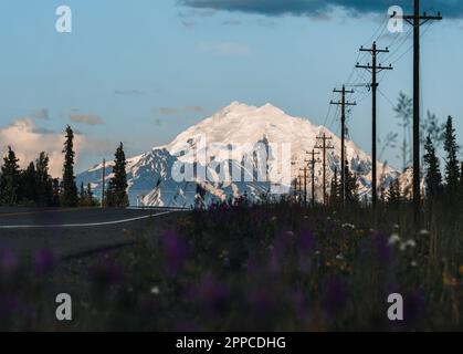 Monte tamburo in Alaska. Dirigendosi verso Glenallen sull'autostrada 1, la Glenn Highway, in Alaska, conduce proprio di fronte a Mount Drum, con la sua vetta innevata Foto Stock