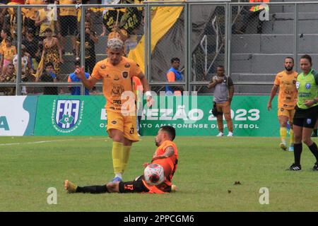 23 aprile 2023, Manaus, Amazonas, Brasile: (SPO) Campionato di calcio Amazonense: Amazonas vs Manauara. 23 aprile 2023, Manaus, Amazonas, Brasile: Incontro di calcio tra Amazonas e Manauara, per il Campionato di calcio Amazonense, domenica (22), allo stadio Carlos Zamith, nella zona est di Manaus. In una finale senza precedenti con due squadre dello stato, Amazonas ha battuto Manauara 1-0 ed è diventato campione del Campionato di Calcio Amazonense 2023. LUAN Santos ha segnato il gol che ha coronato la storica campagna del team guidato da Rafael Lacerda dal Rio Grande do sul.Credit: Josemar Antunes/thenew Foto Stock