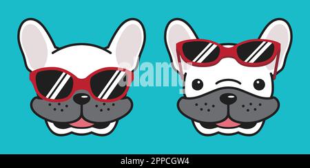 Cane vettore francese bulldog icona sorriso rosso occhiali da sole cartoon personaggio illustrazione bianco Illustrazione Vettoriale