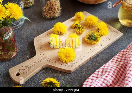 Fiori di dente di leone fresco su un tagliere su un tavolo - preparazione di sciroppo di erbe Foto Stock