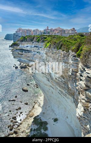 Bonifacio è situato sulle scogliere di una penisola calcarea scolpita ed erosa dal mare, con edifici che sovrastano il bordo, Corsica isola, Francia Foto Stock