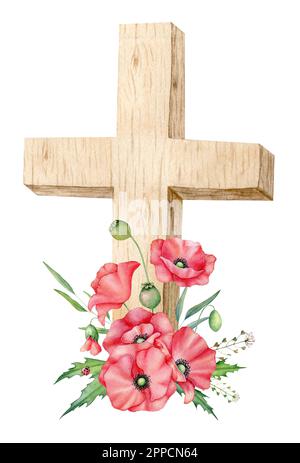 Acquerello illustrazione per il giorno della memoria, giorno di Anzac. Fiori di papavero rosso disegnati a mano e croce di legno. Per non dimenticare Foto Stock