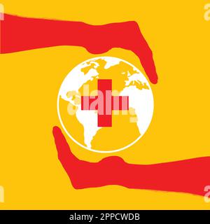 World Red Cross Day Concept con le mani che tengono il globo e la croce rossa su sfondo giallo. Illustrazione vettoriale Illustrazione Vettoriale