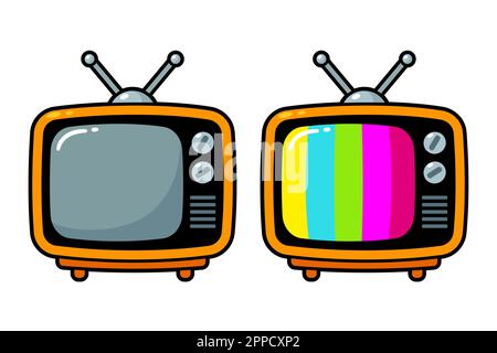 Televisore vintage in stile cartoon carino. Assenza di segnale, strisce colorate (schema di prova TV). Illustrazione della clip vettoriale. Illustrazione Vettoriale