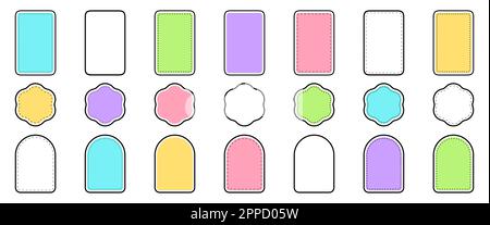 Set di adesivi a punto. Patch grafica astratta. Badge con etichetta elemento moderno per confezioni colorate. Forma geometrica e forme diverse del telaio Illustrazione Vettoriale