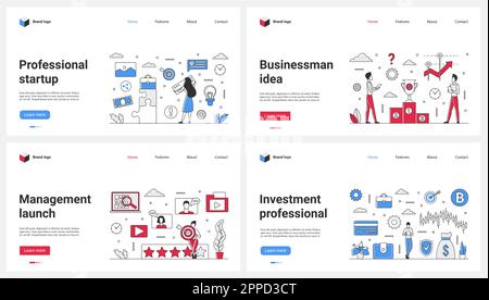 Avvio di avvio e investimento, idea professionale di gestione set di illustrazione vettoriale. Cartone animato piccolo uomo d'affari che tiene obiettivo del lavoro di squadra, lavoro della gente di affari per realizzare il successo, puzzle di collegamento Illustrazione Vettoriale