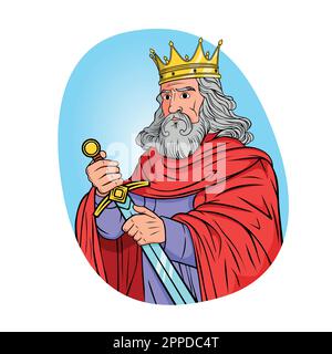 Re guerriero. Un re forte, alto e coraggioso con una spada su sfondo bianco Illustrazione Vettoriale