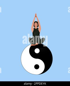 Illustrazione di una donna che pratica yoga seduta sul simbolo yin yang Foto Stock