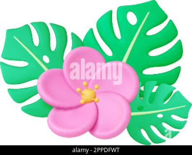 Esotico floreale 3D elementi. Fiori e foglie tropicali. Decorazione isolato grafica botanica, vettore realistico fiore rosa. Pianta di stile hawaiano Illustrazione Vettoriale