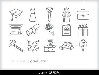 Set di icone linea laureato di temi e oggetti per celebrare una scuola superiore di laurea per l'inizio Illustrazione Vettoriale
