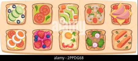 Panini. Prodotti naturali sani per la colazione snack immagini vettoriali esatte del cibo vista dall'alto Illustrazione Vettoriale