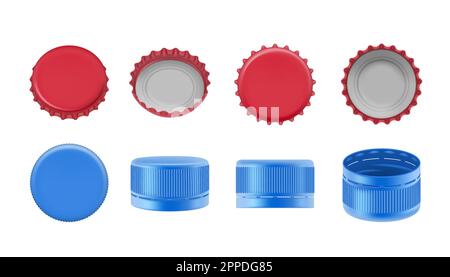 Tappi per bottiglie. tappi metallici e in plastica per bottiglie di acqua e alcool. Modelli vettoriali realistici Illustrazione Vettoriale