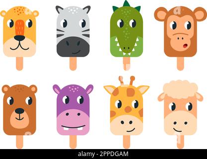 Animali gelato su bastoncini. Mascotte cute infantile, facce animali isolate divertente. Cartone animato scimmia, ippopotamo e giraffa. Clipart di classe con sweety vettoriale Illustrazione Vettoriale