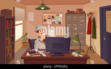 Detective in ufficio. Investigatore privato al tavolo interno esaminare il crimine rivelato, ricerca di sospetto sul posto di lavoro della polizia, illustrazione vettoriale della stanza detective a tavolo Illustrazione Vettoriale