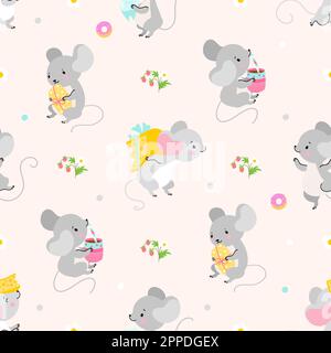 Simpatico motivo senza cuciture del mouse. Baby tessuto stampa con cartoni animati mouse divertenti. Vari ratti, creature decorative infantili sfondo vettoriale Illustrazione Vettoriale