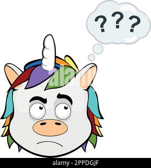 immagine vettoriale faccia di un fumetto unicorno pensiero o dubbioso, con una nuvola di pensiero e punti interrogativi Illustrazione Vettoriale