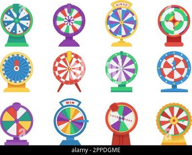 Icone della roulette del casino. Gioco a ruote piatte, ruota fortunata elementi isolati. Simboli di gioco d'azzardo online, decente vettore grafico segni fortunati Illustrazione Vettoriale