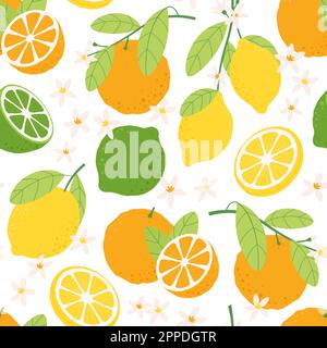 Motivo senza cuciture al limone di agrumi. Stampa arance e lime, decorativo sfondo estivo luminoso. Frutti tropicali sfondo, fresco racy struttura vettoriale Illustrazione Vettoriale