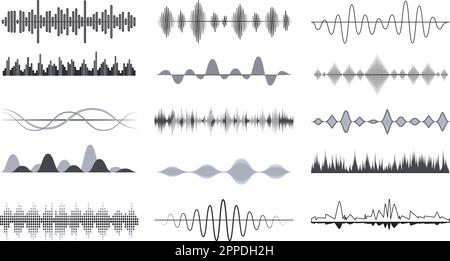 Design radio Music Waves, segnale audio analogico. Traccia o suono, vibrazioni delle onde musicali. Riconoscimento vocale digitale monocromatico decent vector symbol Illustrazione Vettoriale