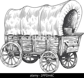 Schizzo del carro coperto. Vecchia carrozza di viaggio, vintage cavallo veicoli disegno, fattoria in legno tenda carrozza tradizionale occidentale cowboy pioniere veicolo illustrazione vettore di carrello o di carro schizzo Illustrazione Vettoriale