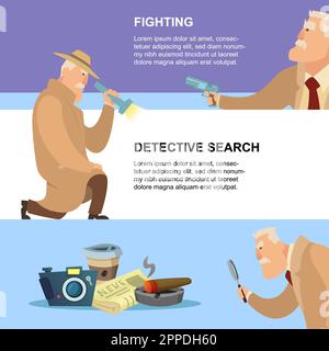 Banner detective caratteri spia modelli vettoriali per la stampa Illustrazione Vettoriale