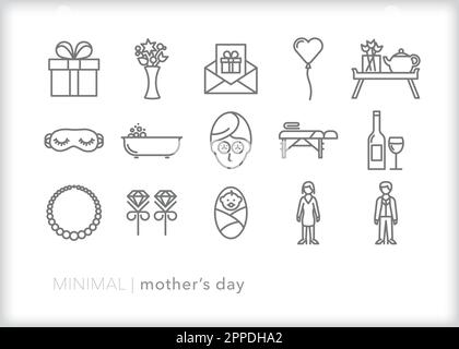 Set di icone della linea del giorno della mamma di temi, regali e attività per onorare e celebrare le madri e le nonne per la festa Illustrazione Vettoriale