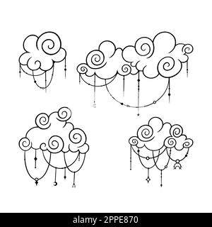 Schizzo della nuvola di tarocchi. Set di elementi tarocchi con simboli celesti e antichi. Illustrazione vettoriale isolata su sfondo bianco Illustrazione Vettoriale