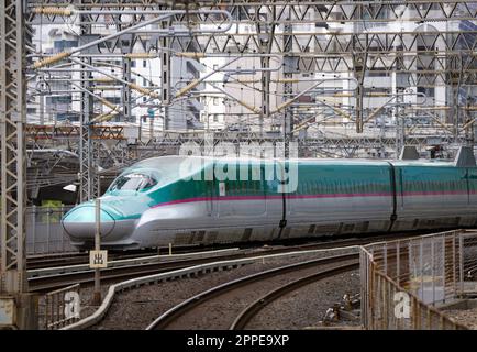 Tokio, Giappone. 18th Apr, 2023. Un treno superveloce Shinkansen si trova nella stazione della città di Tokyo. Credit: Soeren Stache/dpa/Alamy Live News Foto Stock