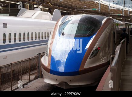 Tokio, Giappone. 18th Apr, 2023. Un treno superveloce Shinkansen si trova nella stazione della città di Tokyo. Credit: Soeren Stache/dpa/Alamy Live News Foto Stock