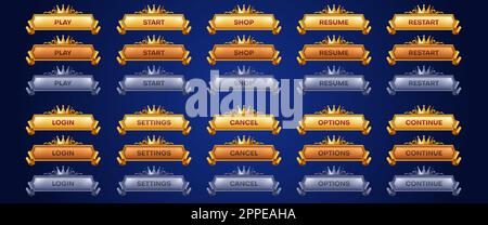 Set di animazioni con i pulsanti del gioco reale. Cartoni vettoriali raffigurazione di cornici dorate, argentate decorate con corona. Gioca, avvia, acquista, Riprendi, riavvia, login, impostazioni, annulla, opzione, continua foglio di sprite Illustrazione Vettoriale
