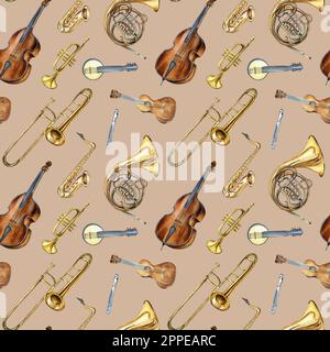 Strumenti musicali acquerello senza cuciture modello isolato su beige. Strumenti musicali a corda e a vento, corno, contrabbasso disegnati a mano. Elemento di progettazione Foto Stock