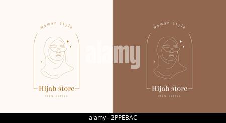 Logo del negozio hijab. Donna araba astratta in occhiali da sole. Profilo femminile disegnato a mano in headdress musulmano. Illustrazione vettoriale su una riga Illustrazione Vettoriale