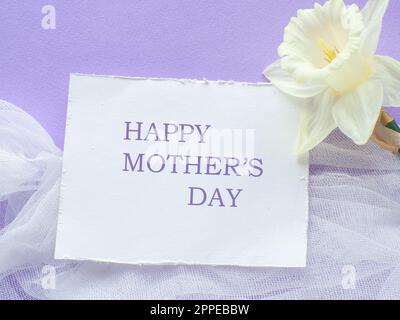 Daffodils fiore e scheda con felice giornata madri su sfondo lilla. Biglietto di auguri per la Festa della mamma. Foglio di carta con testo e narcoschi sul retro viola Foto Stock