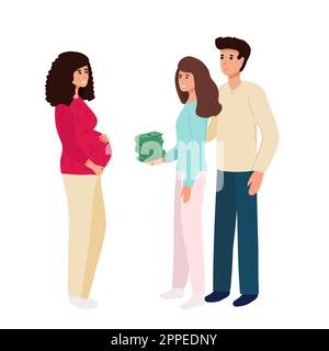 Coppia con donna in gravidanza surrogata. Disegno vettoriale stile cartoon piatto con lettere disegnate a mano. Genitori adottivi. Surrogazione Illustrazione Vettoriale
