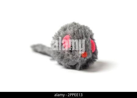 Mouse giocattolo grigio peluche per la foto dei gatti su sfondo bianco. per pubblicità e banner Foto Stock