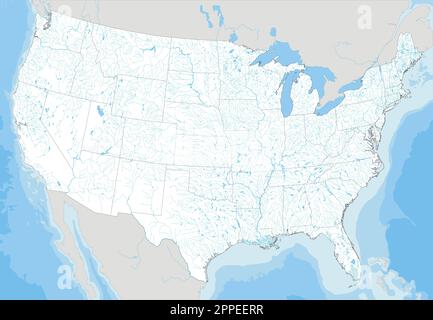 Mappa del fiume Complex US con tutti i principali fiumi e laghi. Illustrazione Vettoriale