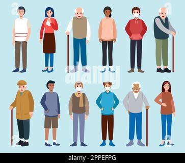 Set di pazienti . Personaggio dei cartoni animati dell'uomo malato e della gente anziana. Concetto medico . Design piatto . Vettore . Illustrazione Vettoriale