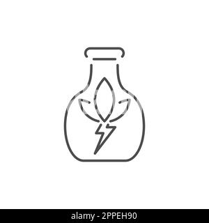 Icona lineare vettoriale correlata al concetto di biomassa. Pallone da laboratorio con foglie e fulmini. Ricerca ecologica. Eco-energia e biocarburanti. Schema illustrativo Illustrazione Vettoriale