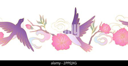 Uccelli orientali e fiori modello. Sfondo tradizionale cinese e giapponese. Illustrazione Vettoriale