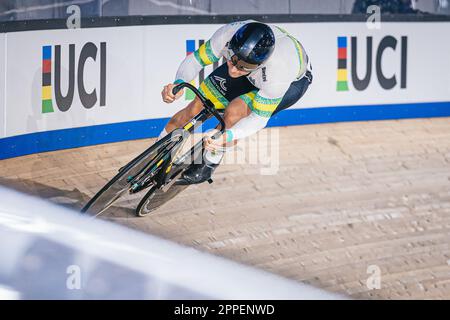 Milton, Canada. 23rd Apr, 2023. Foto di Alex Whitehead/SWpix.com - 23/04/2023 - Ciclismo - Tissot UCI Track Nations Cup, Round 3: Milton - Mattamy National Cycling Centre, Ontario, Canada - uomini Sprint Qualifiche - Matthew Richardson of Australia Credit: SWpix/Alamy Live News Foto Stock