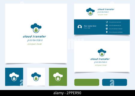 Design del logo di protezione da trasferimento cloud con slogan modificabile. Libro di branding e modello biglietto da visita. Illustrazione Vettoriale