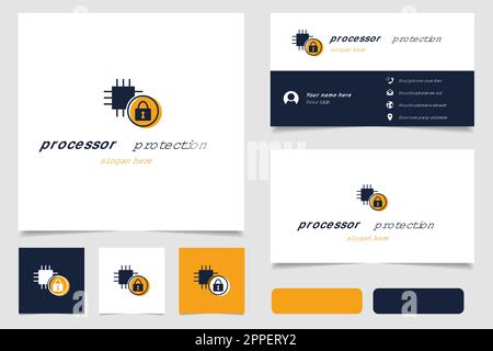Logo di protezione del processore con slogan modificabile. Libro di branding e modello biglietto da visita. Illustrazione Vettoriale