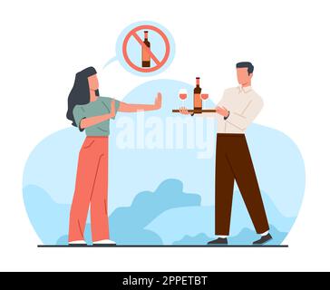 Concetto di smettere cattive abitudini, ragazza contro bere alcol. Arrestare il movimento della mano. Stile di vita sano. La ragazza rifiuta il vino, la donna ha detto di no, booze vietato Illustrazione Vettoriale