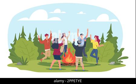 Gruppo di giovani che ballano intorno al fuoco in radura nei boschi. Festival di musica nella foresta. Felice estate di uomini e donne campeggio festa evento. Cartone animato Illustrazione Vettoriale