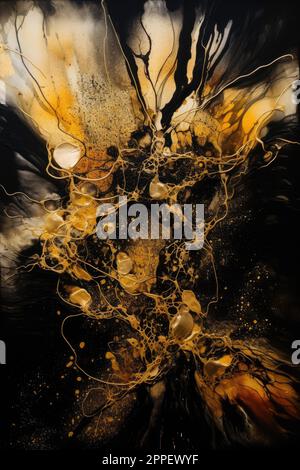 Sfondo astratto con colori nero e oro. Carta da parati di lusso in resina epossidica Fluid art. Vortici, cellule e effetto oro testurizzato. Sfondo moderno. Gen Foto Stock
