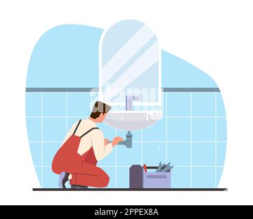 L'idraulico corregge il tubo che perde o l'ostruzione nel lavello. Addetto alle riparazioni nel bagno. Perdite dalla fognatura rotta. Servizio di riparazione. Alluvione e distruzione in bagno. Cartone animato Illustrazione Vettoriale