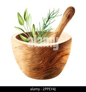 Acquerello di legno mortaio e pestello isolato su sfondo bianco. Prodotti di bellezza ed elementi botanici, cosmetologia e medicina. Per i designer, spa Foto Stock