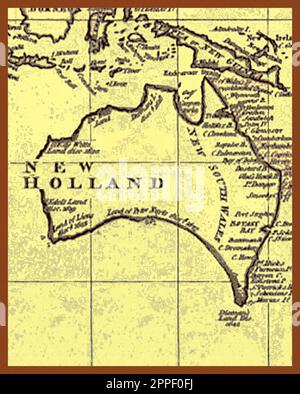 MAPPA - New Holland (Australia) 1787 come illustrato dal capitano James Cook. La lunga convinzione che il figlio del capitano Cook, James, morì senza eredi, è stata contestata nel 2024 in un nuovo libro. “The Untold Story of Captain James Cook R N”. (Libri PEN & Sword – ISBN 978-1399056960 ). La storia verificabile che cambia le prove si basa sulla scoperta di un documento del governo del XVIII secolo scoperto negli Archivi nazionali britannici. Foto Stock