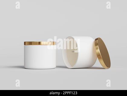 Due barattoli bianchi in ceramica per candele con coperchio d'oro mockup, resa 3D Foto Stock