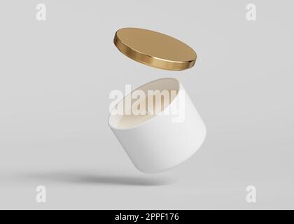 Vasetto bianco in ceramica per candele con coperchio dorato, mockup galleggiante aperto, resa 3D Foto Stock